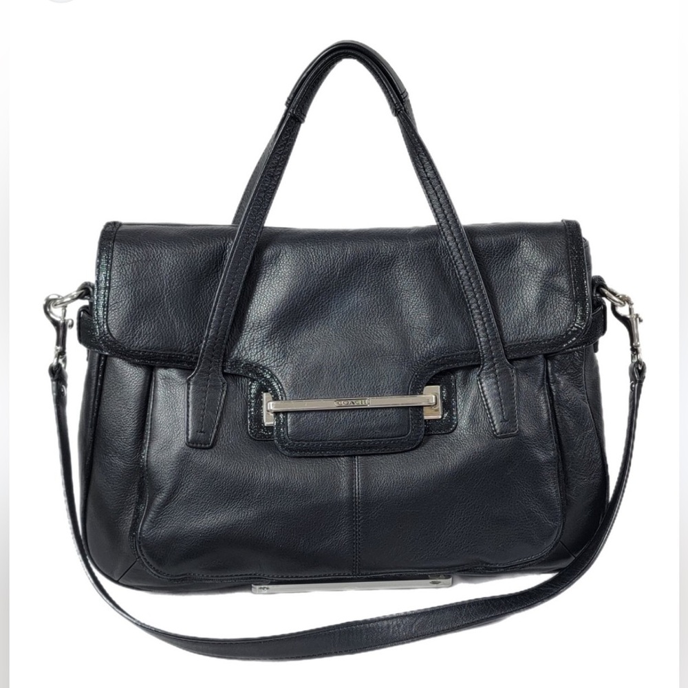 Coach Purse Taylor Black Leather Women's Bag Silver Satchel Flap Travel